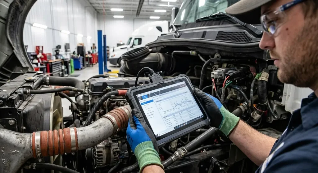 کارشناسی فنی کشنده دیما؛ متخصص در حال بررسی دقیق موتور قبل از معامله و فروش اقساطی کامیون.